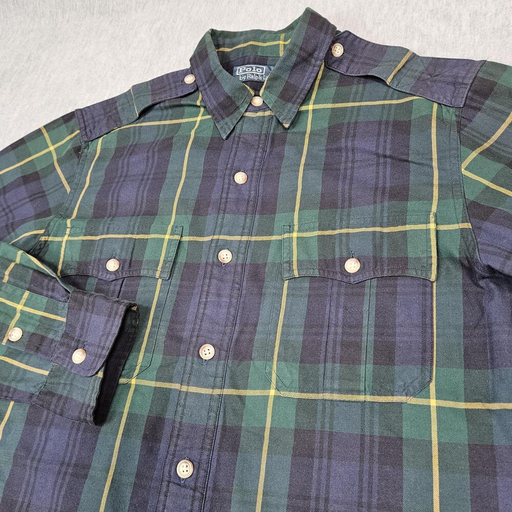 Polo By Ralph Lauren Shirt Mens Medium Green Plaid Button Up Shoulder Straps